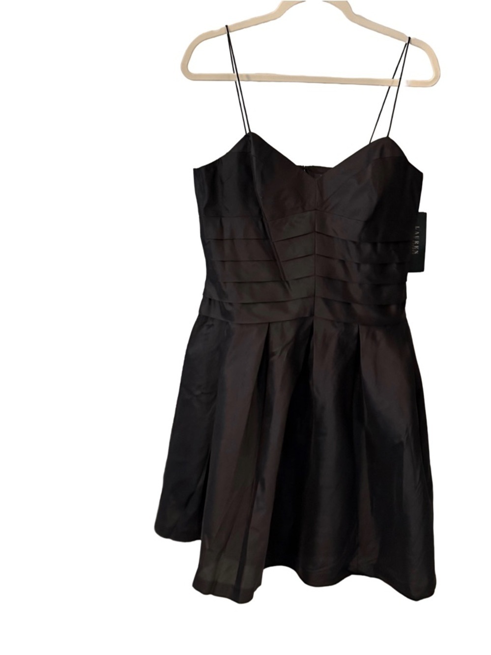 Lauren Ralph Lauren A-Line SILK Dress Black Pleated  Pintuck Top Sz 14 NWT